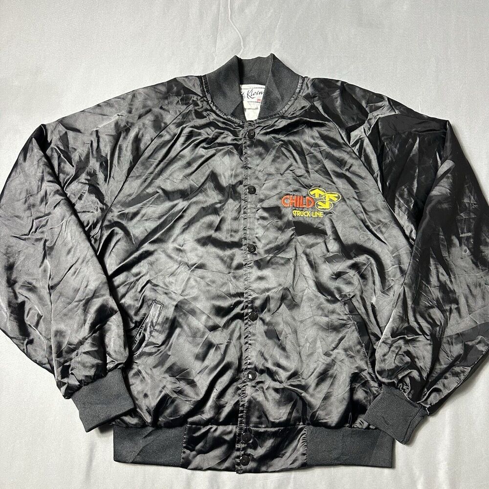 Vintage MA Klein Jacket Large Black Satin Bomber Child Truck Line USA Union Made